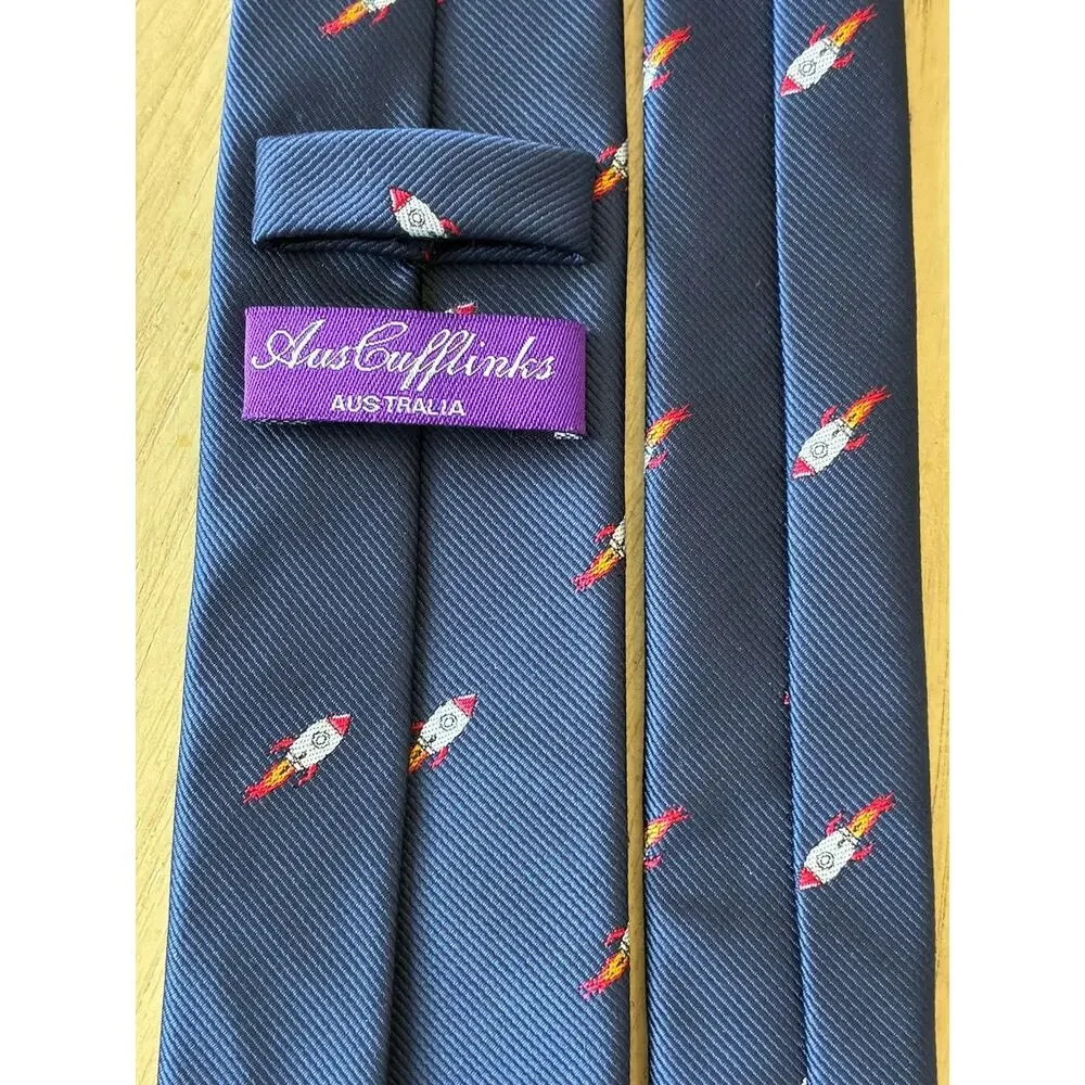 Men's Rocket Space Ship Skinny Tie Navy Blue Novelty NASA Cosmic Retro Moon
